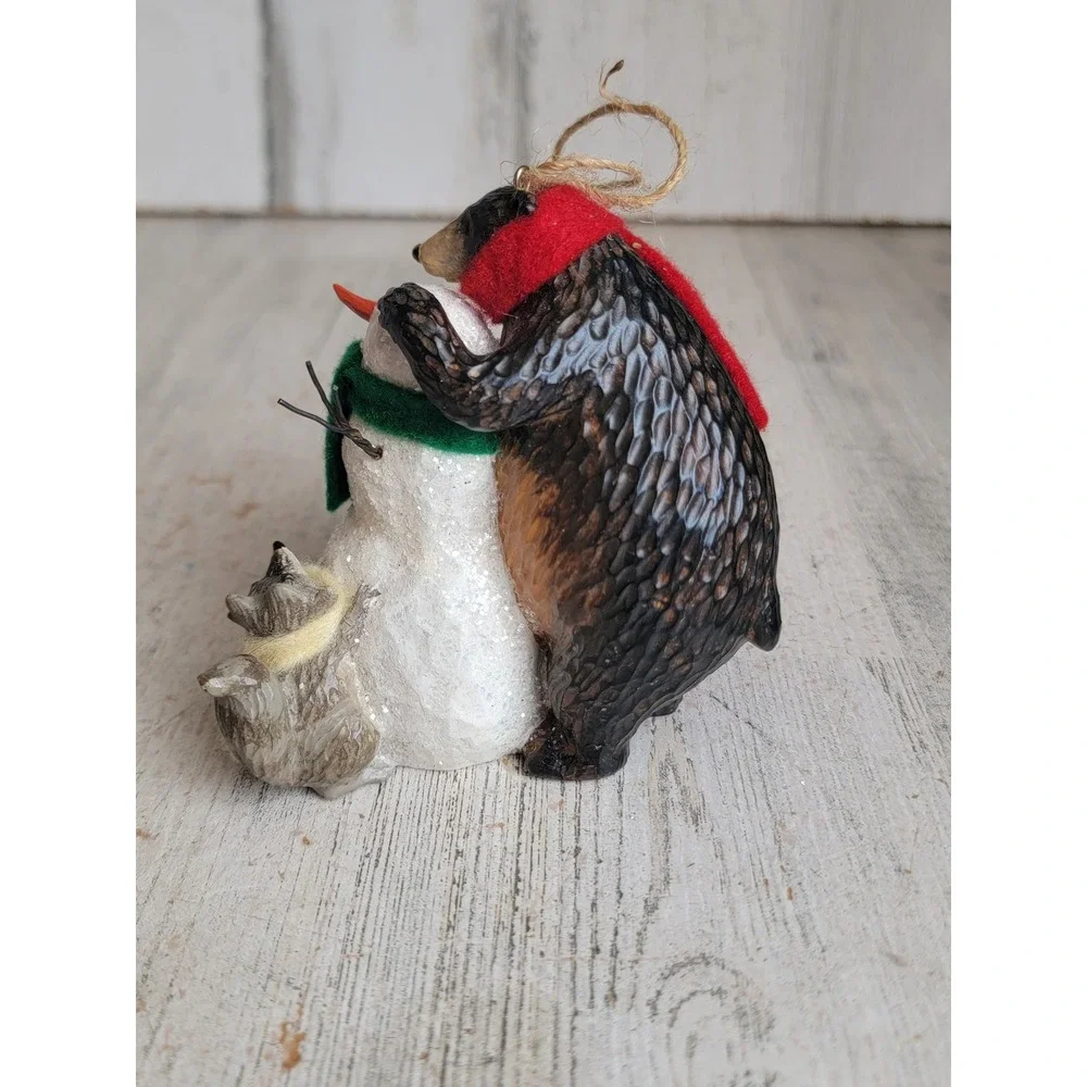 Rustic folk art Forest Friends snowman bear raccoon ornament Xmas unique